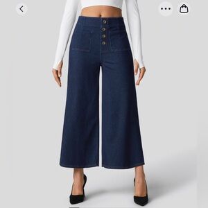 Halara high waisted button front wide leg pocket pants, L dark blue denim NWT